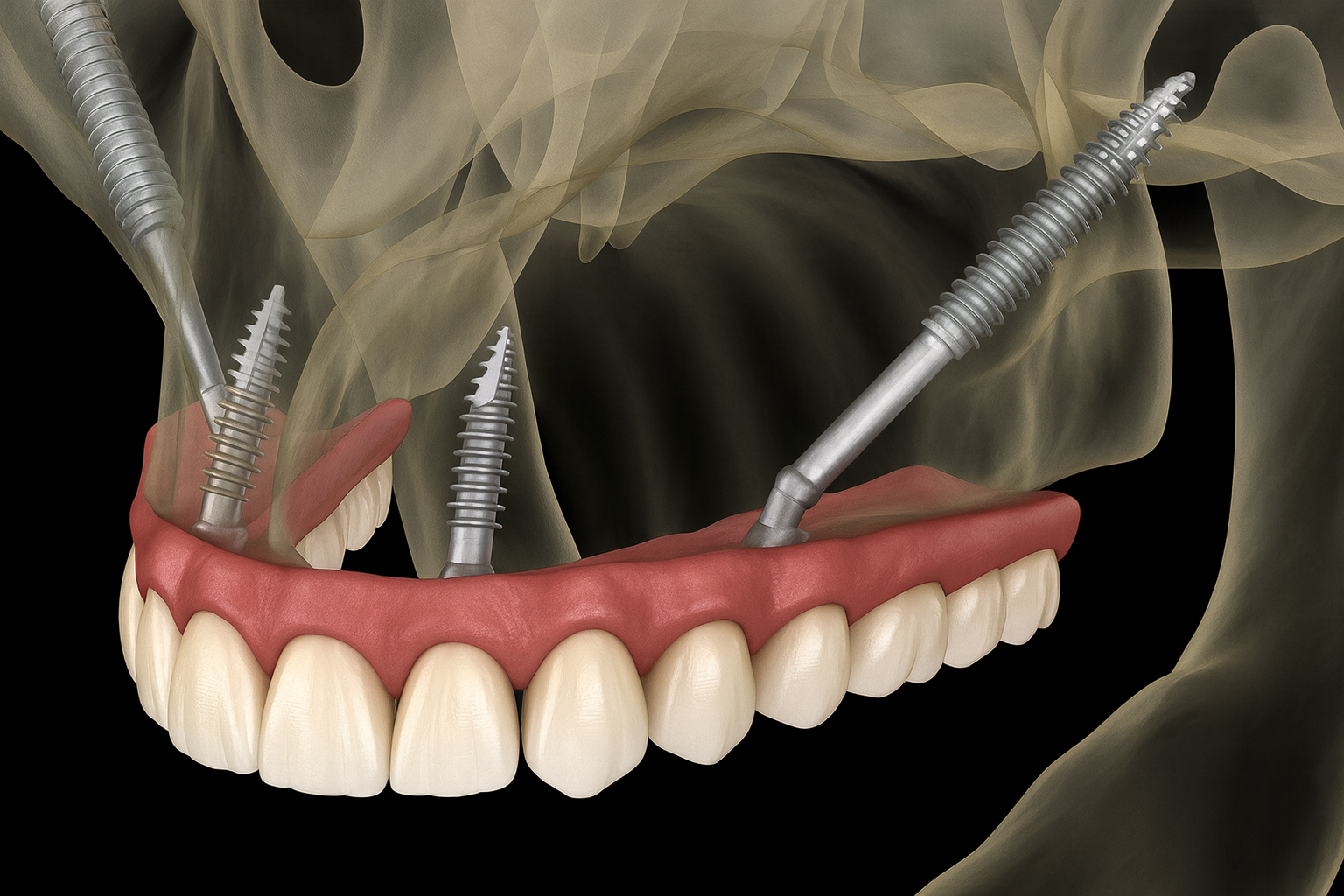 3D medical illustration of pterygoid dental implants in the upper jaw with angled titanium screws and full-arch prosthesis.