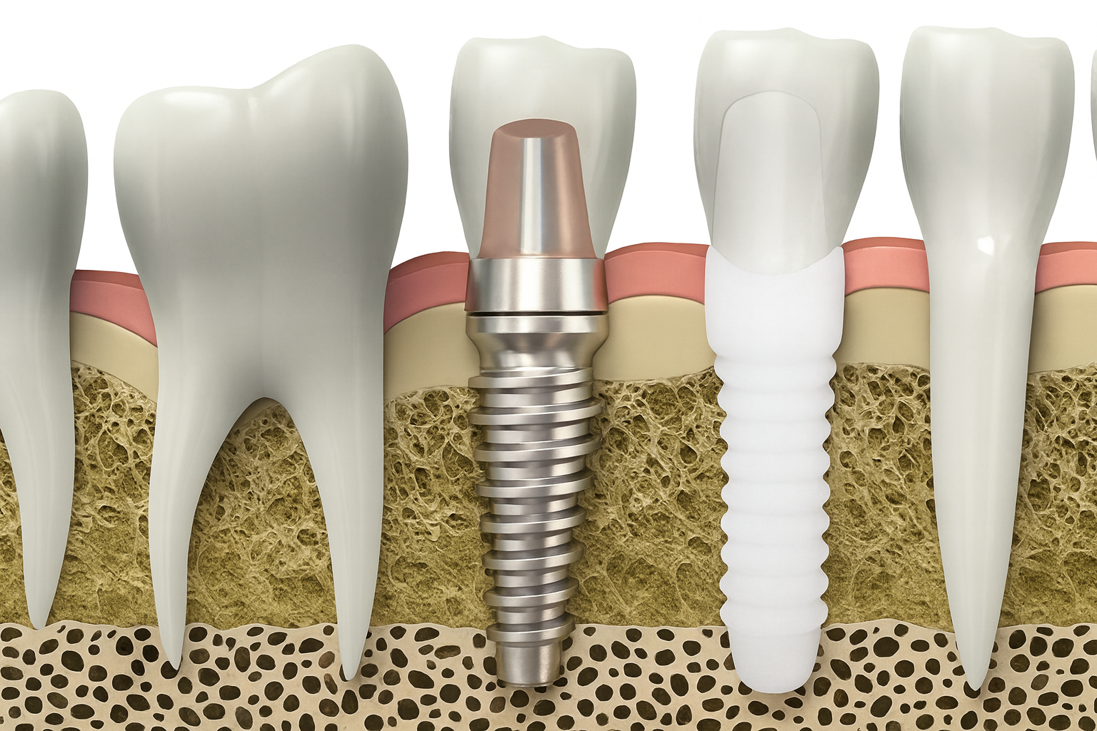 Alt text: Zirconia dental implant vs titanium dental implant in jawbone