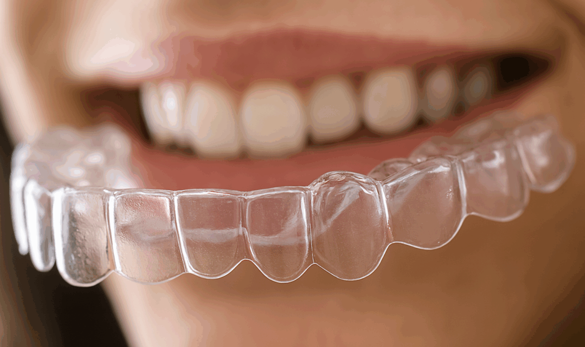 Smiling woman holding a custom dental mouth guard in front of her teeth