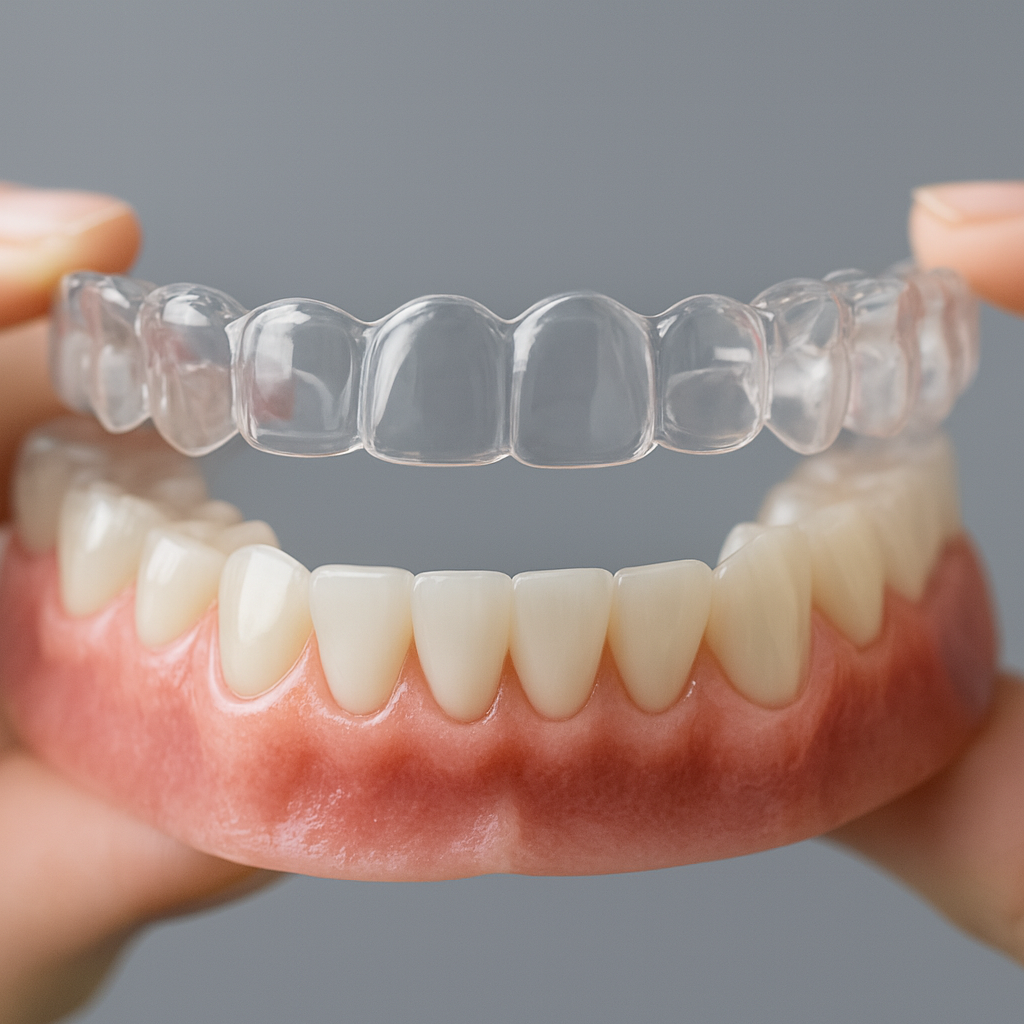 Transparent dental aligner above white teeth and healthy gums