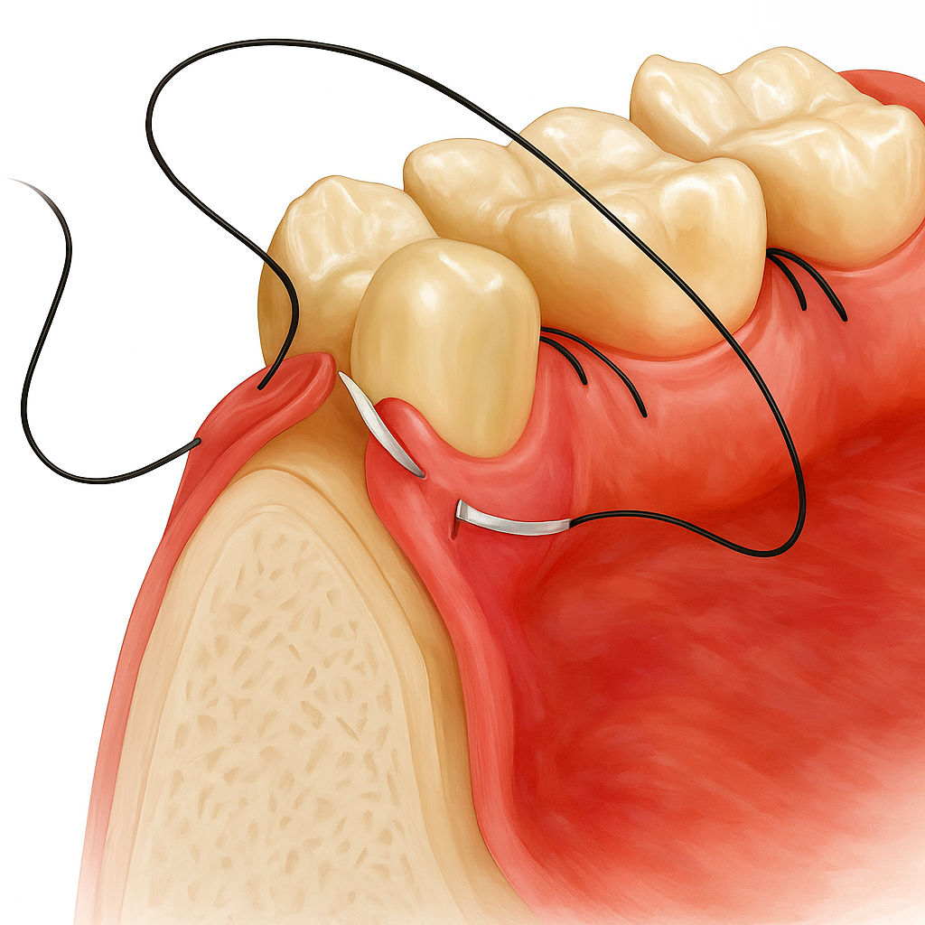 Alveoloplasty illustration showing sutures placed in gum tissue after bone reshaping