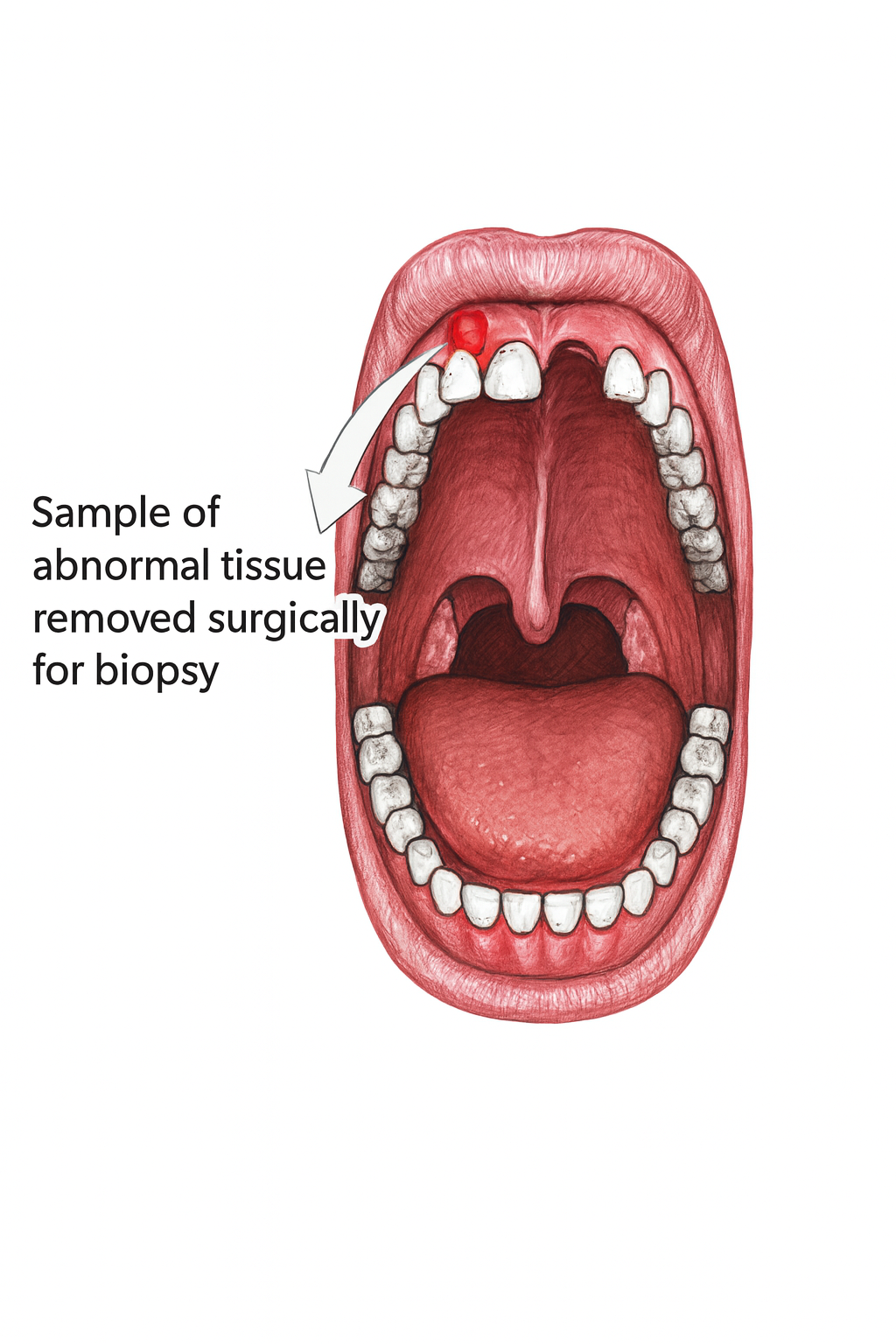 Medical illustration showing oral biopsy procedure with tissue sample removed from the mouth