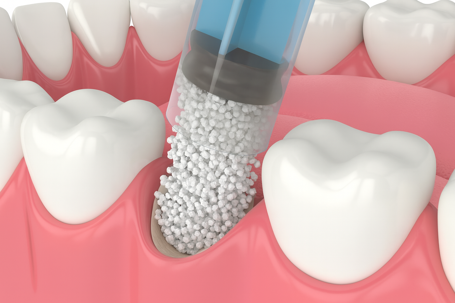 Bone graft Houston illustration showing graft material placed into tooth socket