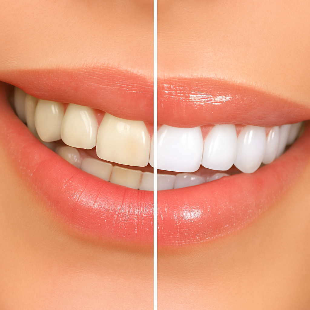 Zoom Whitening before and after results at Dr. Friedberg & Associates showing yellow teeth on the left and white teeth on the right.