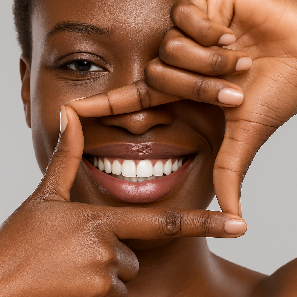 Patient framing her bright white smile after Zoom Whitening at Dr. Friedberg & Associates.