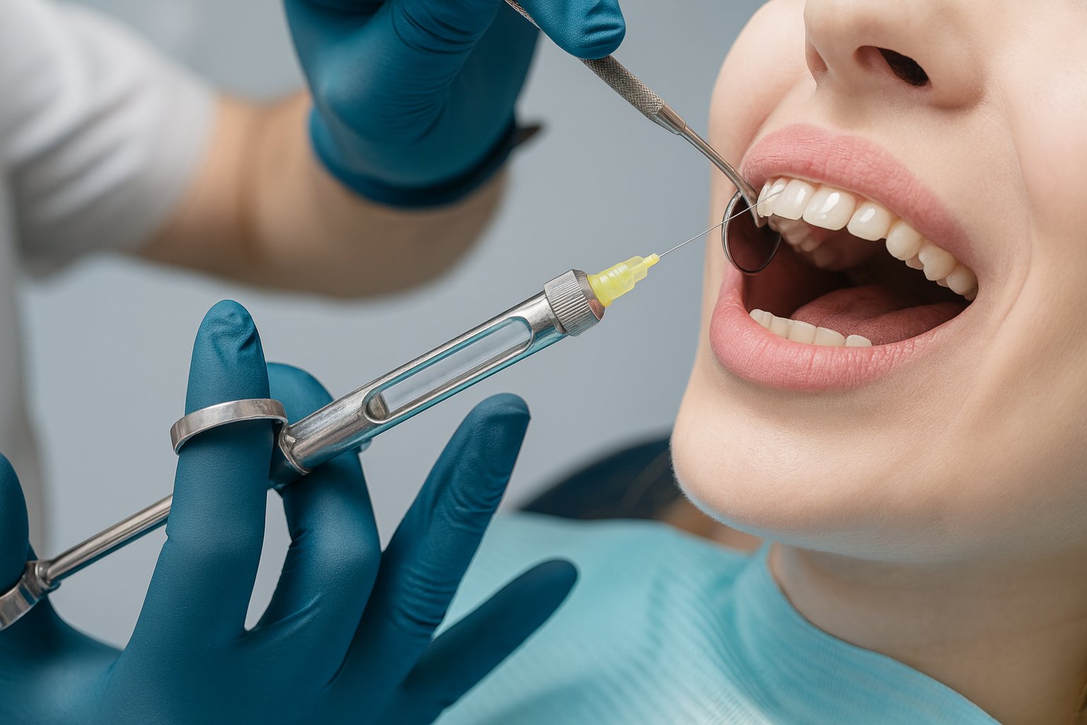 Dentist administering local anesthetic injection before tooth removal