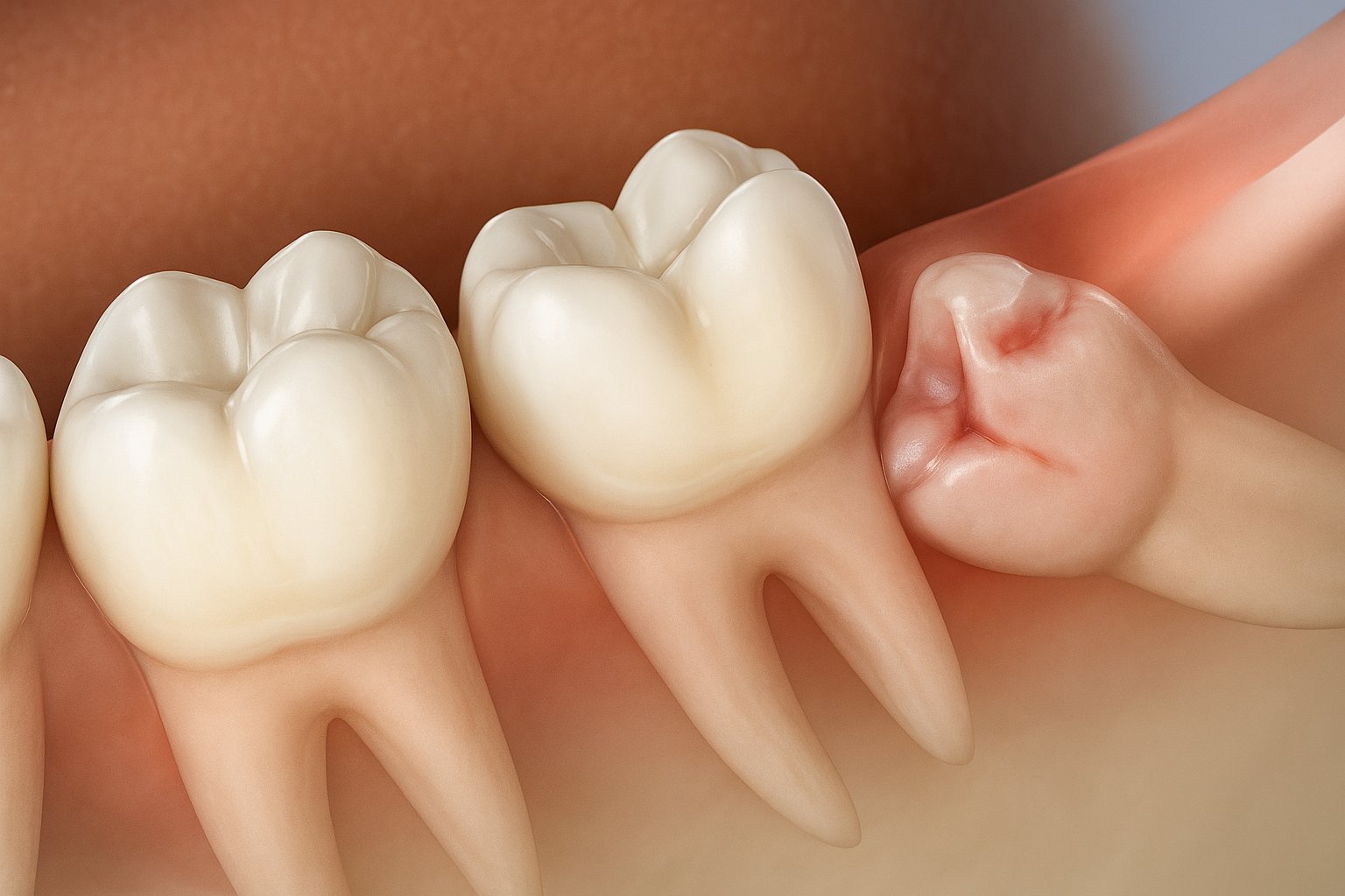 3D illustration of an impacted wisdom tooth pushing against molar