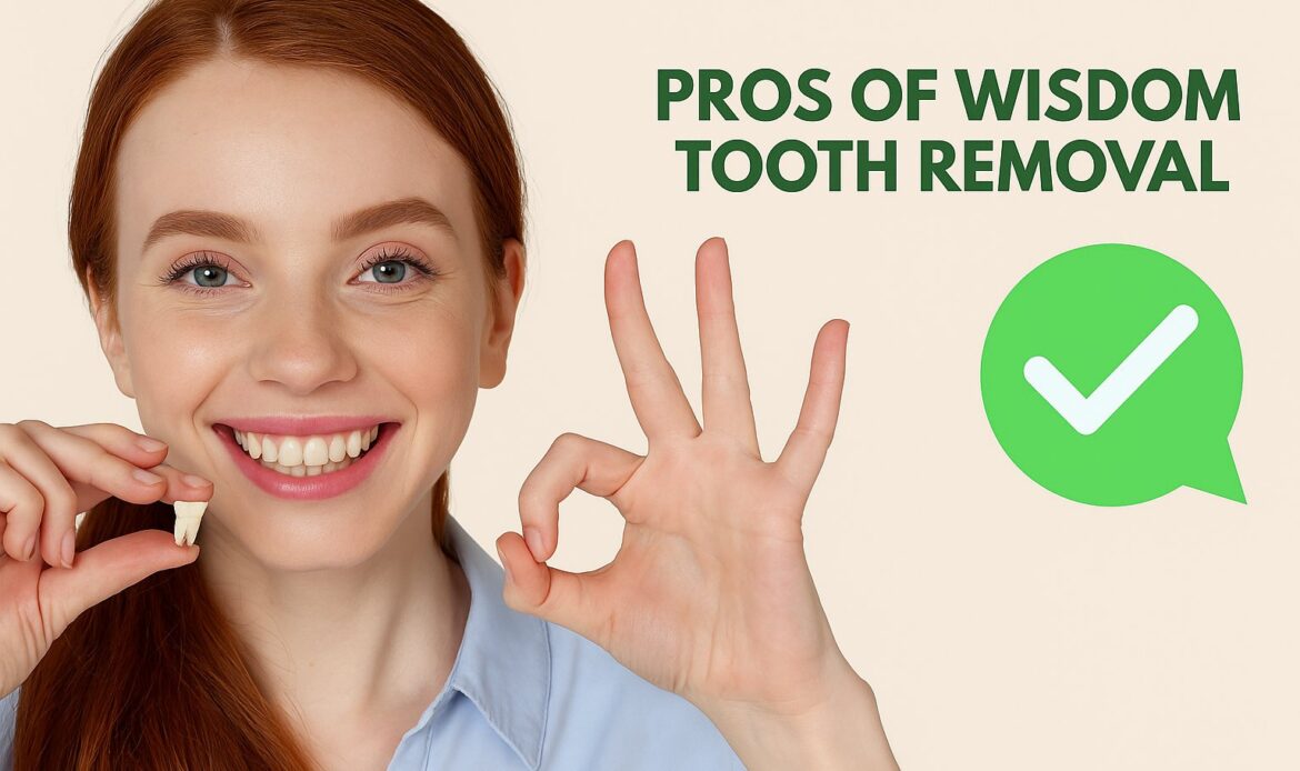 Happy woman showing removed wisdom tooth with green checkmark