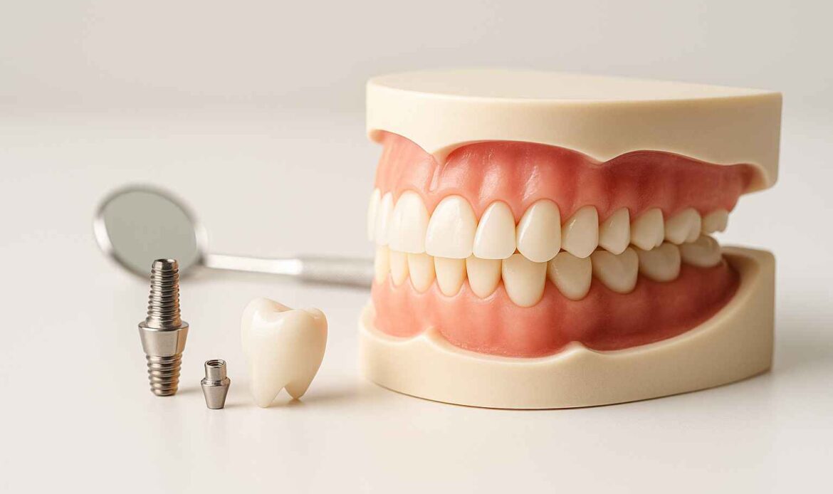 Realistic dental model showing full dentures, dental implant components, and a crown on a clean white background.