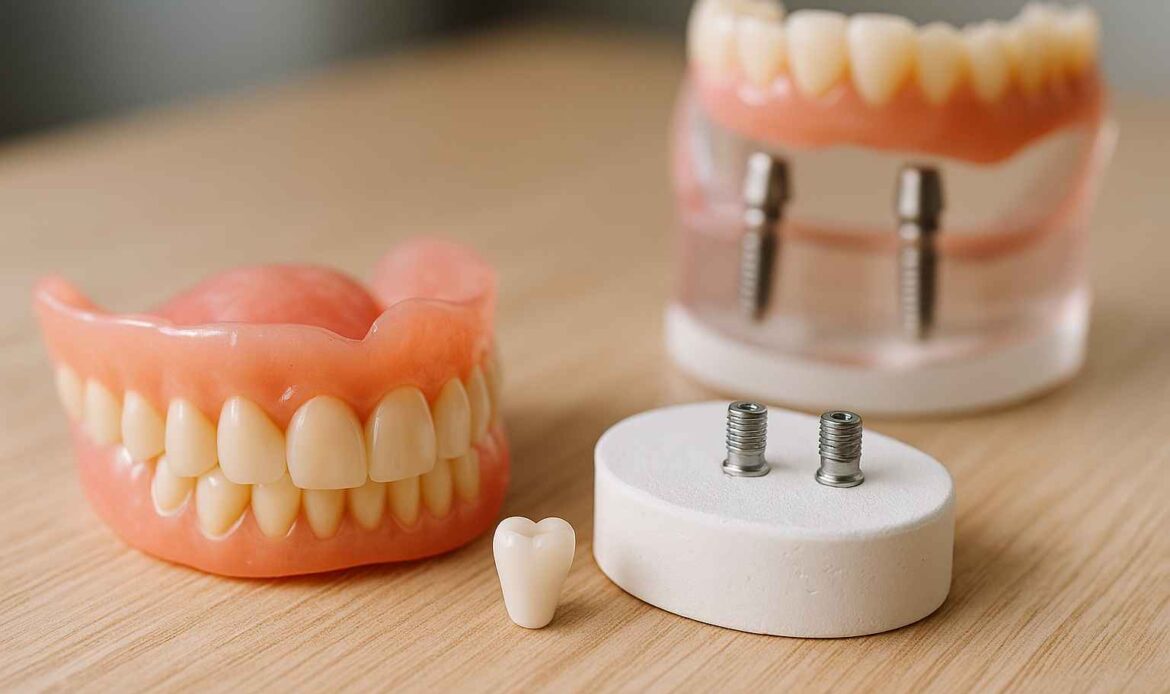 Dentures and dental implants model showing a full denture, implant posts, and a crown on a dental table.