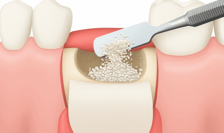 Bone graft Houston illustration showing graft material and protective membrane between teeth
