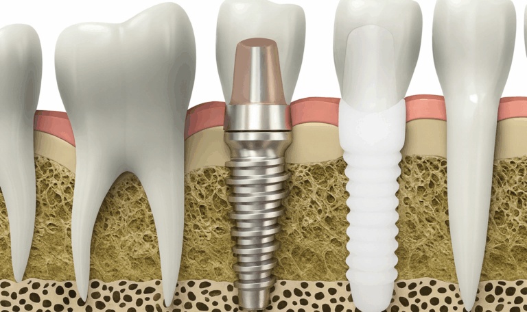 Alt text: Zirconia dental implant vs titanium dental implant in jawbone