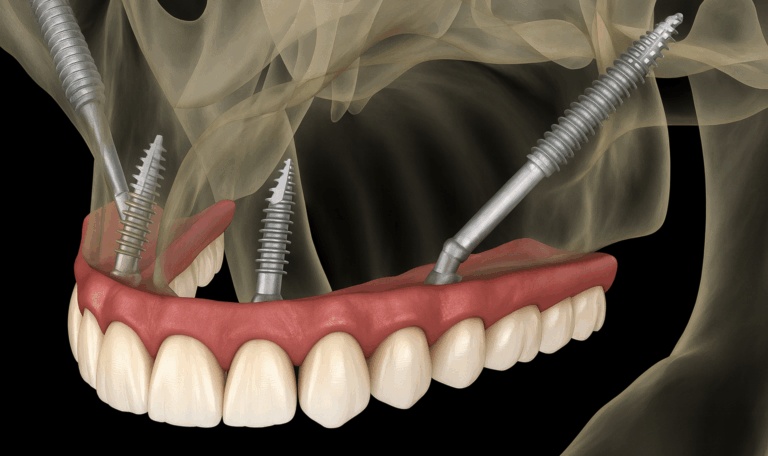 3D medical illustration of pterygoid dental implants in the upper jaw with angled titanium screws and full-arch prosthesis.