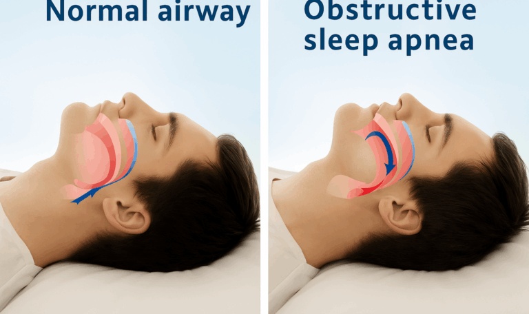 Normal airway vs obstructive sleep apnea diagram showing blocked airflow