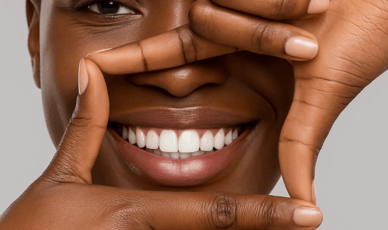 Patient framing her bright white smile after Zoom Whitening at Dr. Friedberg & Associates.