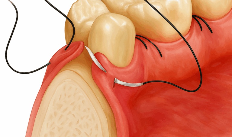 Alveoloplasty illustration showing sutures placed in gum tissue after bone reshaping