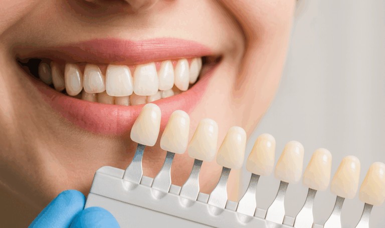 dental shade guide comparison during Zoom Whitening consultation at Dr. Friedberg & Associates.