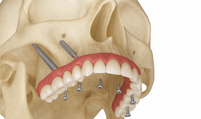 3D medical illustration of pterygoid dental implants in the upper jaw showing angled implant screws and full-arch prosthesis.