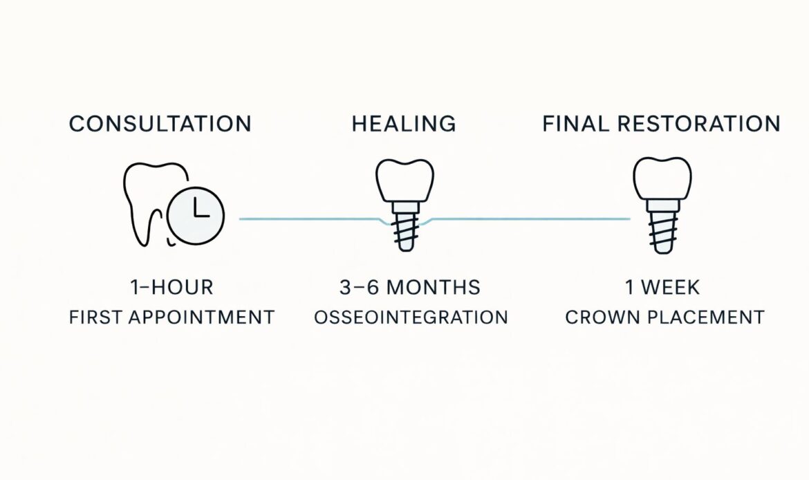 Dental implant timeline showing consultation, healing, and final crown placement