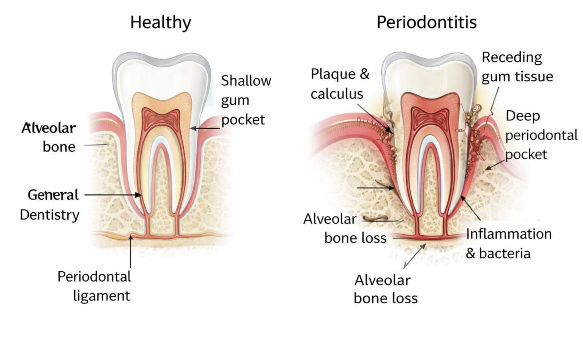 Illustration of gum disease tooth loss with periodontal pocket formation and bone loss.
