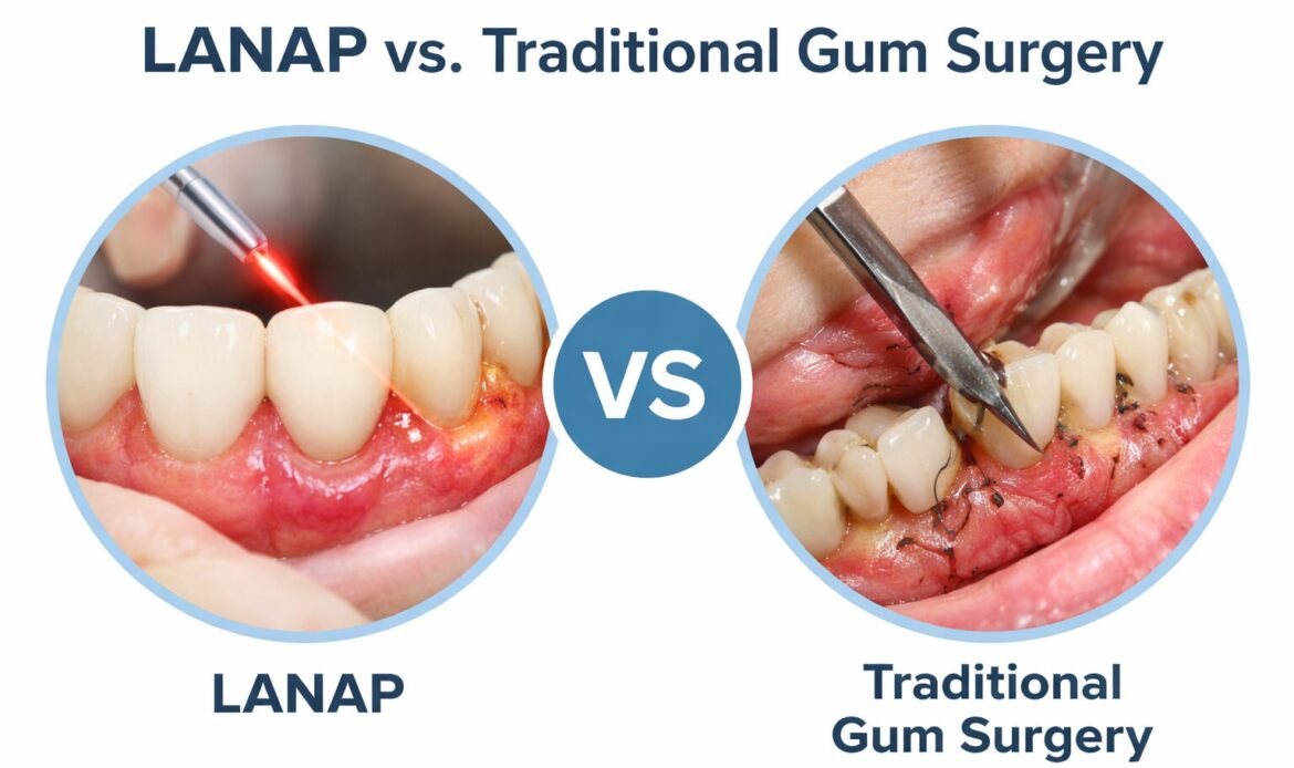 Comparison of LANAP vs gum surgery showing laser treatment and traditional flap surgery for periodontal disease