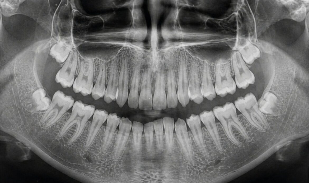 All-on-X implants panoramic dental x-ray showing full teeth and jaw structure