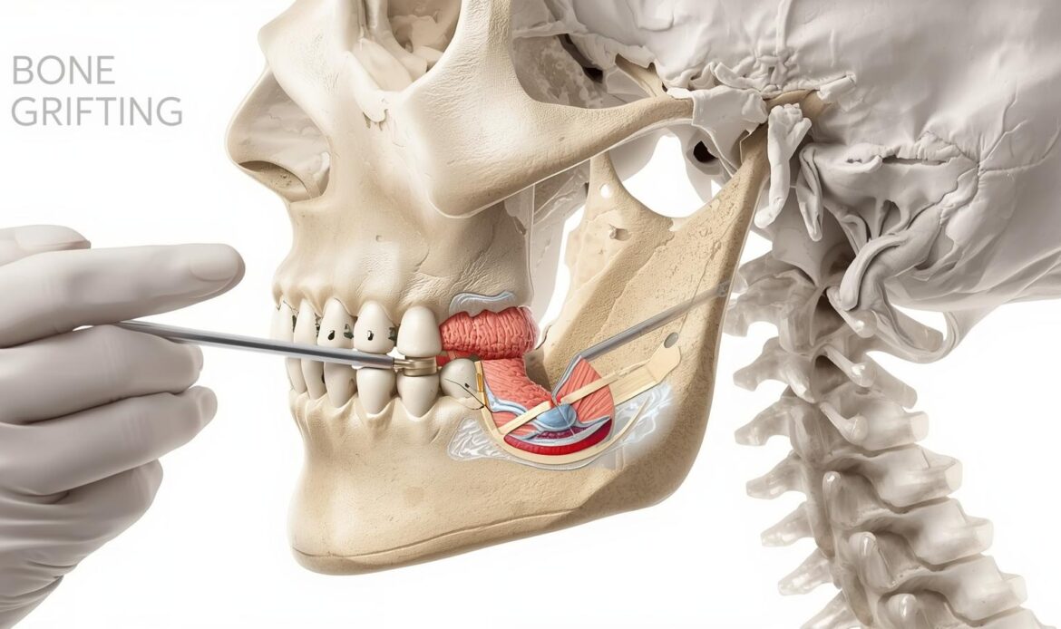 Dental bone grafting procedure diagram showing graft placement in the jawbone