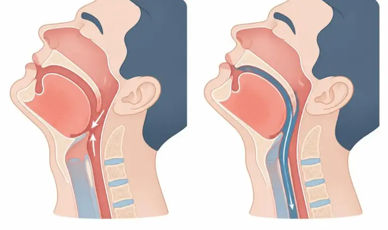 Mandibular advancement device airway diagram showing blocked and open airway